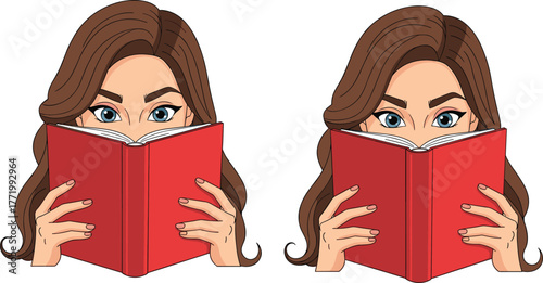 Cartoon person reading book, focused expression, literary theme, educational illustration, red book cover, learning concept, student character, vector art, study pose