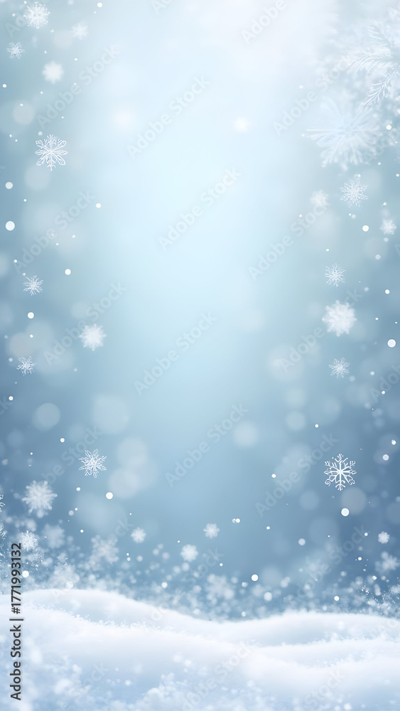 Naklejka premium Ethereal winter background with falling snowflakes, soft bokeh, and a gentle blue glow.