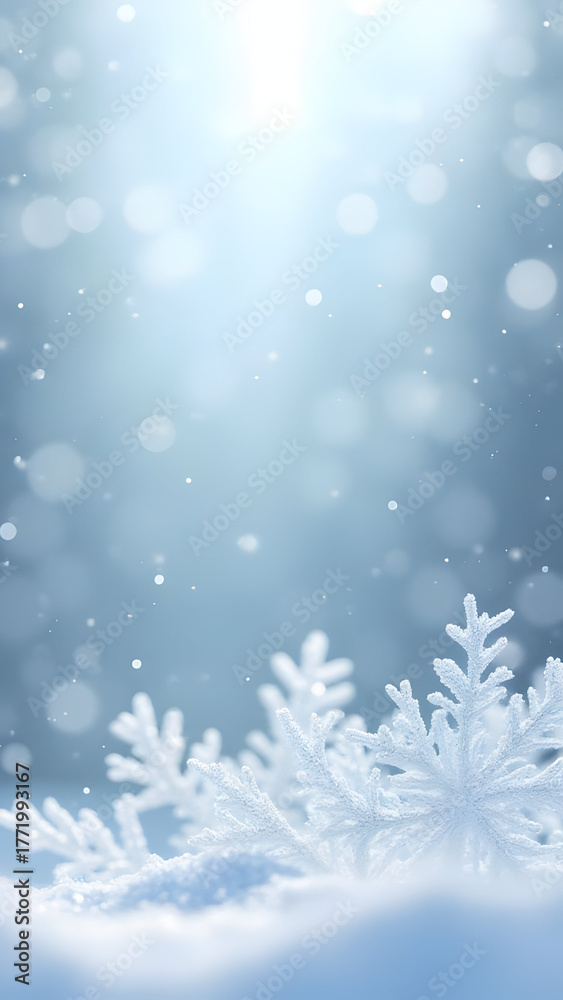 Naklejka premium Close-up of delicate white snowflakes resting on fresh snow, with a soft, glowing blue background and falling snow creating a serene winter atmosphere.