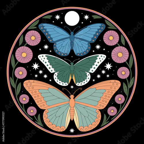 lunar & ethereal butterfiels, art nouveau, isolated on black background