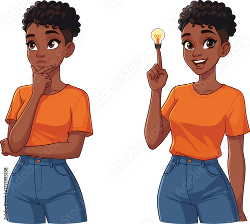 Cartoon person thinking and idea, orange shirt character, light bulb gesture, creative expression, problem solving, vector art, thoughtful pose, realization moment