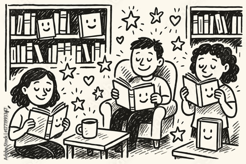 Whimsical Library Delight. A doodle illustration of a cozy library where books smile as people enjoy them, while glowing stars and