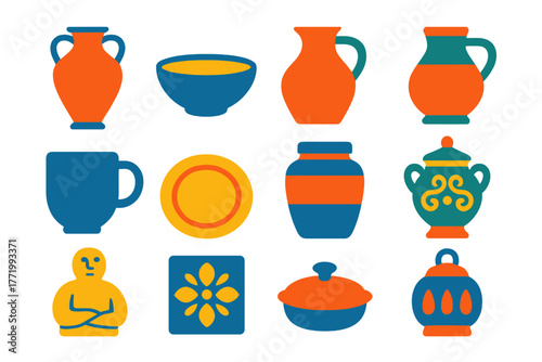 Modern Pottery Icons. Flat vector icons of pottery types: amphora vase, ceramic bowl, terracotta jug, porcelain teacup, clay mug,