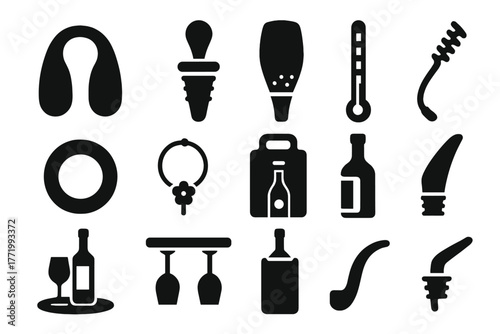 Wine Accessory Icons. Solid style icons of wine accessories: foil cutter, bottle stopper, aerator, wine thermometer, drip ring,