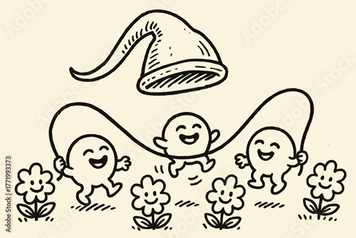 Medieval Cap Jump Rope. A doodle of a medieval cap with a very long liripipe being used as a jump rope by giggling little