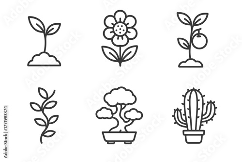Line Style Horticulture Icons. Line style icons of horticulture plants: young sapling, ornamental flower, fruit sapling, climbing