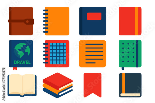 Colorful Notebook Icons. Flat vector icons of notebooks: leather-bound journal, spiral notebook, hardcover sketchbook, pocket