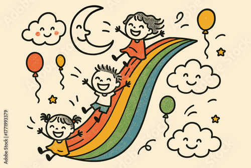 Rainbow Slide Adventure. A doodle scene of a falcate hook turning into a rainbow slide, with joyful children, smiling clouds, and