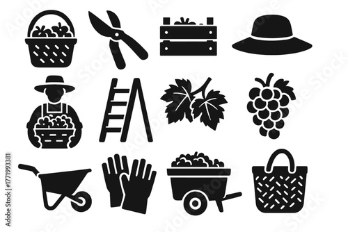 Vineyard Harvest Icons. Solid style icons of vineyard harvest: grape basket, pruning shears, wooden crate, sun hat, grape picker,