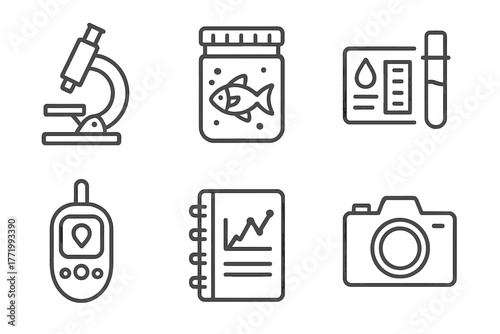 Marine Biology Tools. Line style icons of marine biology tools: microscope, specimen jar, water testing kit, GPS device, data