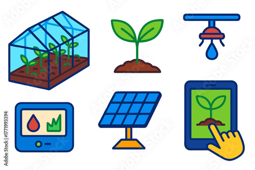 Smart Greenhouse Icons. Isometric vector illustration set Smart Greenhouse: glass panel walls, fresh sprout, automated watering
