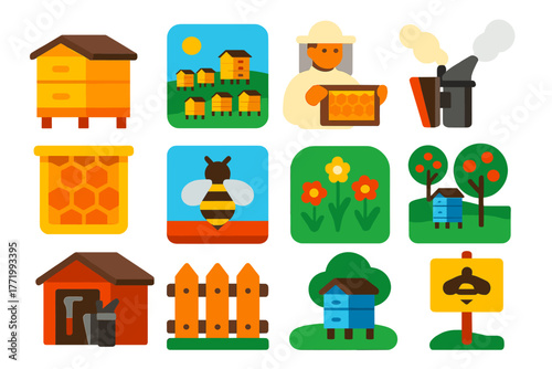 Colorful Beekeeping Icons. Flat vector icons of apiary scenes: beehive on stand, apiary field with multiple hives, beekeeper