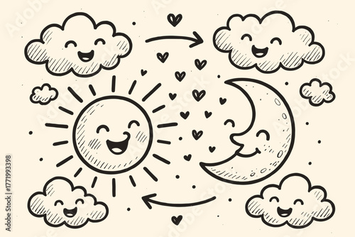 Celestial Chase Delight. A doodle illustration of a happy sun and moon chasing each other widdershins in the sky, while clouds