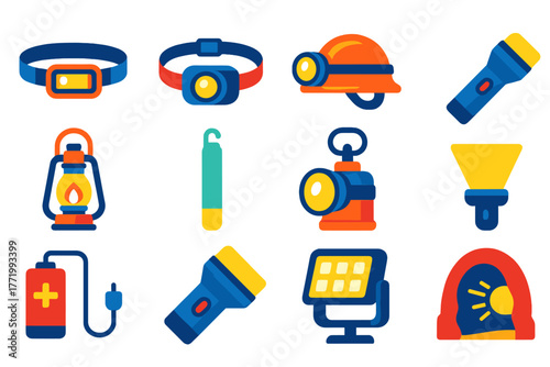 Flat Lighting Icons. Flat vector icons of headlamps and lighting: LED headlamp, rechargeable headlamp, helmet-mounted lamp,