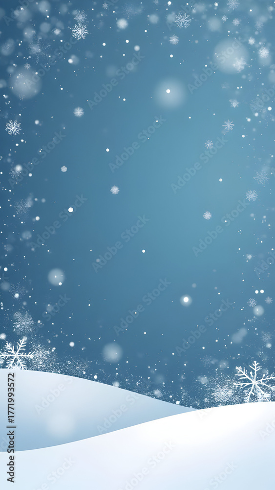 Naklejka premium A serene winter background with falling snow, bokeh lights, and large decorative snowflakes on a snowy landscape.