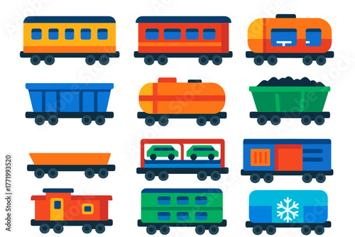 Vibrant Train Car Icons. Flat vector icons of train cars: passenger coach, sleeper car, dining car, freight wagon, tanker car,