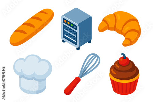 Colorful Pastry Icons. Isometric vector illustration set Pastry Bakery: baguette loaf, flaky croissant, metal oven, baker’s hat,