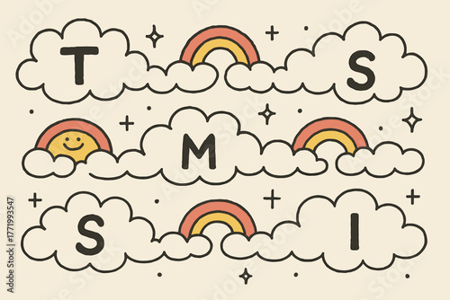 Whimsical Sky Writing. A doodle scene of clouds writing tmesis across the sky, splitting phrases with smiling rainbows and