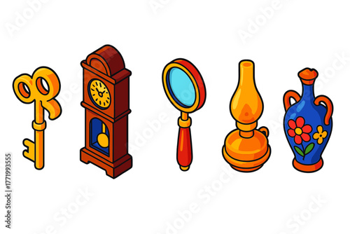 Vintage Antiques Icons. Isometric vector illustration set Vintage Antiques: skeleton key, grandfather clock, hand magnifying glass