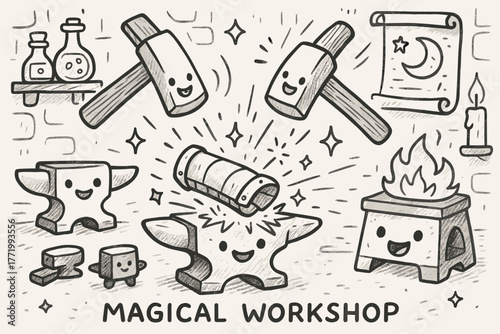 Magical Workshop Forge. A doodle scene of a magical workshop where a vambrace is being forged, with cheerful hammers, anvils, and