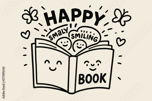 Happy Book Doodle. A doodle illustration of a happy book popping words apart so smaller smiling words can squeeze inside, while