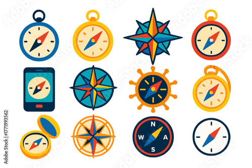 Colorful Nautical Compass Icons. Flat vector icons of nautical compasses: classic magnetic compass, brass compass, rose compass,