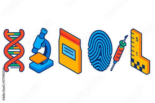 Forensic Icon Set. Isometric vector illustration set Forensic Icons: stylized DNA, digital microscope, zipped evidence bag,