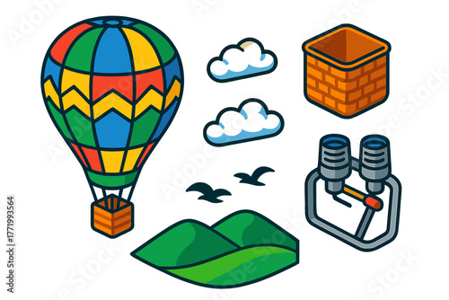Colorful Hot Air Balloon. Isometric vector illustration set Air Adventure: hot air balloon with patterns, pilot basket, burner