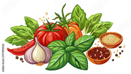 Very beautiful arrangement of spices, fresh basil herbs, and ripe tomato on a clean white background, perfect for food blogs, banners, and culinary design projects with a fresh Mediterranean aesthetic