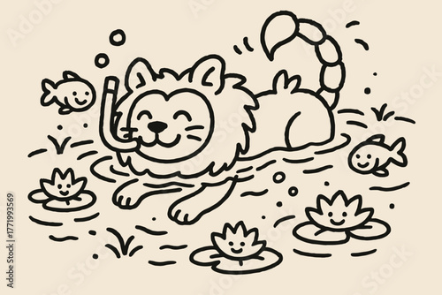 Swimming Manticore Adventure. A doodle of a manticore swimming happily in a magical pond, surrounded by smiling fish, floating