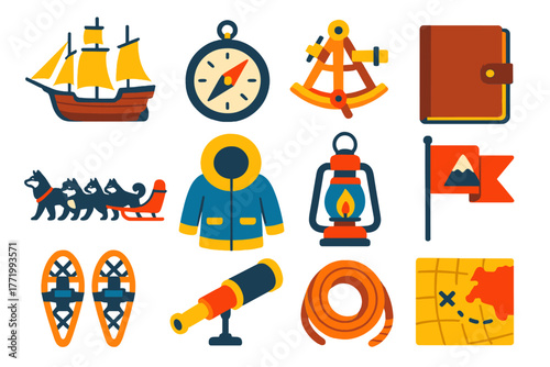 Polar Exploration Icons. Flat vector icons of polar exploration history: old wooden ship, explorer’s compass, sextant,