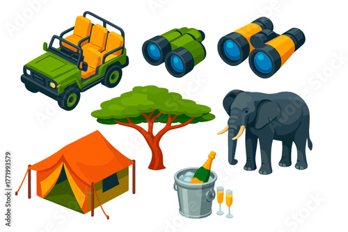 Luxury Safari Icons. Isometric vector illustration set Luxury Safari: open-air jeep, high-end binoculars, sculpted acacia tree,