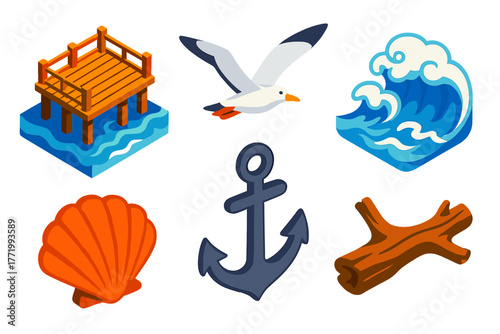 Oceanfront Icon Set. Isometric vector illustration set Oceanfront Icons: fishing pier, soaring seagull, foamy waves, clam shell,