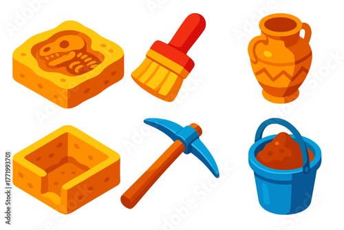 Desert Excavation Icons. Isometric vector illustration set Desert Excavation: buried fossil, sand brush, ancient jar, dig site