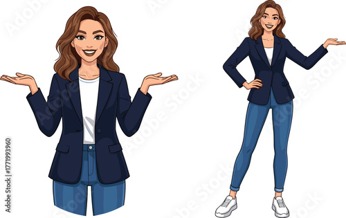 Cartoon woman presenting, confident pose, blazer and jeans outfit, smiling character, casual professional look, educational illustration, expressive gesture, vector art