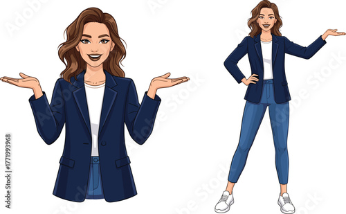 Cartoon woman presenting, confident pose, blazer and jeans outfit, smiling character, educational illustration, casual professional look, vector art, expressive gesture