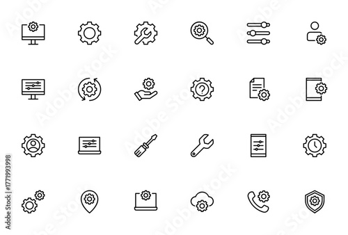 Settings and Options icon set. Minimal vector icons ack. Includes symbols for djust, repair, configure, ontrol, gear, tools, prefeences and more. Editable sroke.