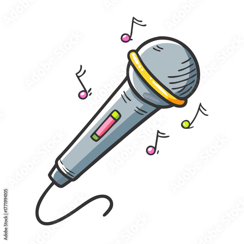 Retro karaoke microphone vector illustration with musical notes