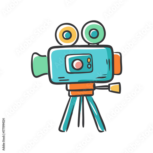 Hand drawn vector illustration of a retro movie camera on a tripod