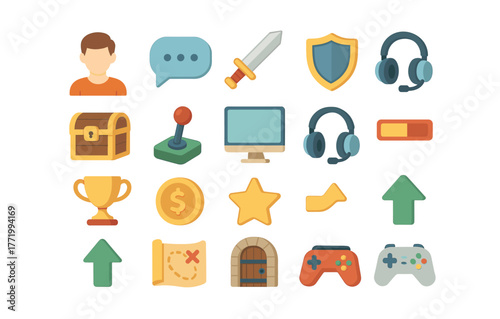 Colorful flat style gaming and communication icons for digital media