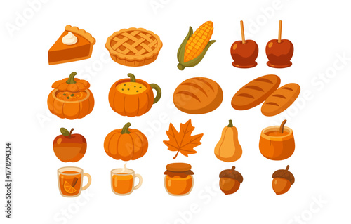 Autumn harvest icons: pumpkin, pie, and fall foods in flat style