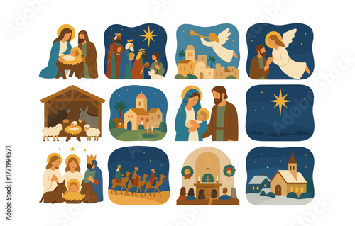 Nativity scene collection featuring biblical characters in flat style christmas theme
