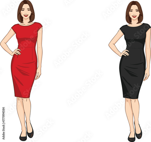 Fashion woman illustration, confident pose, red and black dress comparison, stylish character, high heels, vector art, elegance, beauty, outfit design