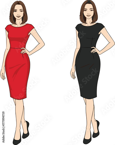 Fashion woman illustration, red and black dress comparison, confident pose, stylish character, high heels, elegance, beauty, vector art, outfit design