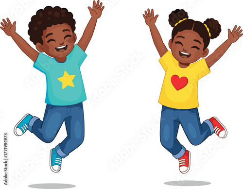 Happy cartoon kids jumping, joyful children illustration, energetic pose, playful moment, smiling faces, colorful outfit, childhood fun, vector art, education concept