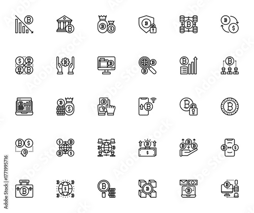 Bitcoin & Cryptocurrency icon set. Vector symbols fo blockchain, data analysis security, exchange, onlin payment, network and more
