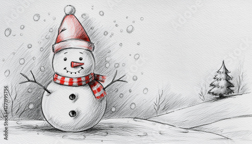 Snowman Drawing with Santa Hat in Snowy Landscape