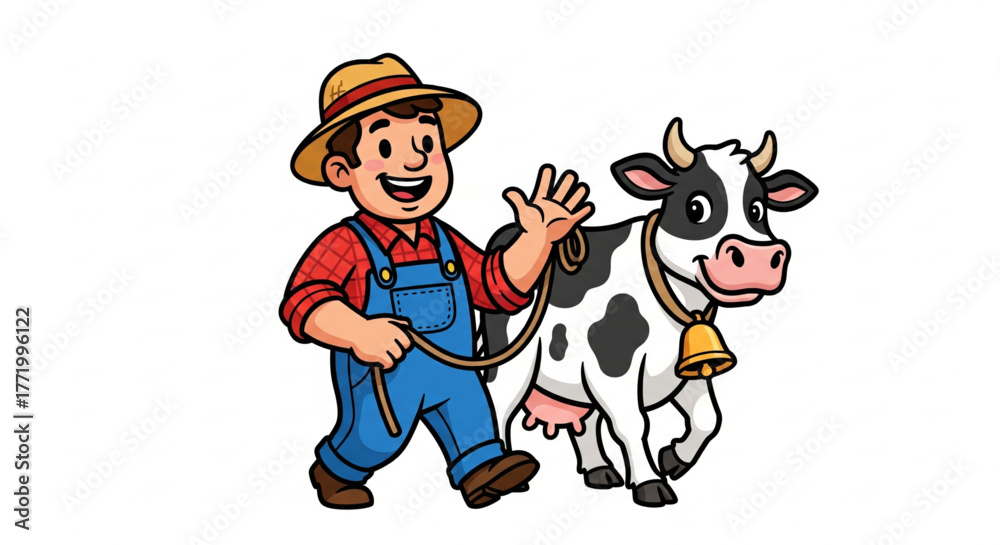 Fazendeiro sorridente carregando uma vaca pela corda sobre fundo branco. Ilustração vetorial.