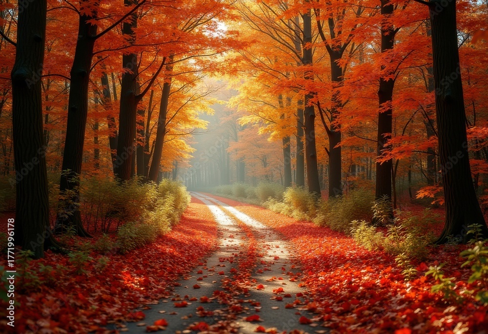 Fototapeta premium Serene Forest Pathway Covered in Vibrant Autumn Leaves Inviting You to Explore a Tranquil Nature Retreat