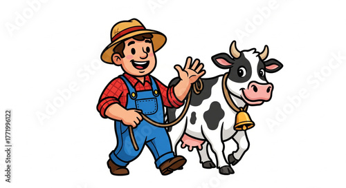 Fazendeiro sorridente carregando uma vaca pela corda sobre fundo branco. Ilustração vetorial.
